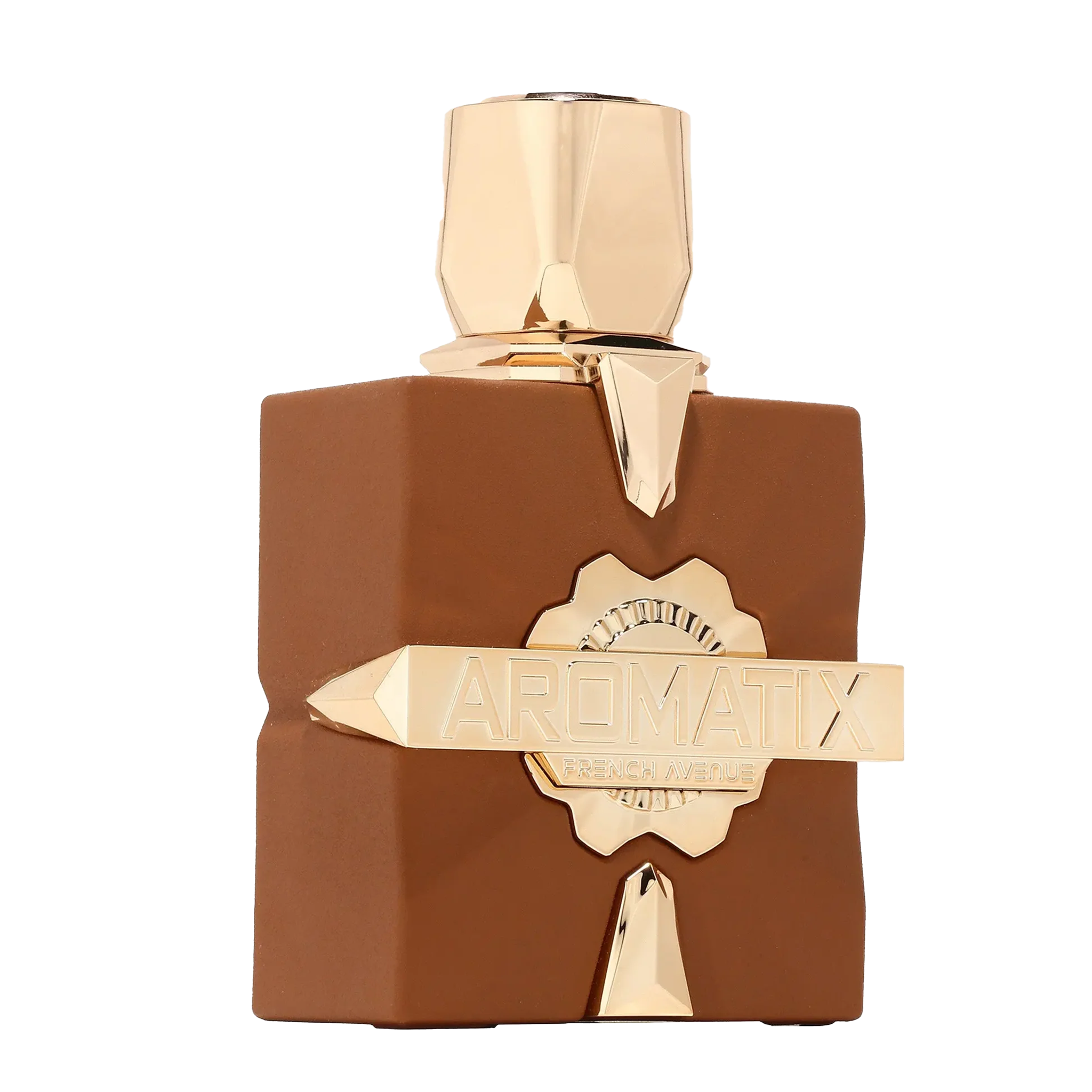 Square matte brown perfume bottle with faceted gold cap and gold starburst emblem with Aromatix French Avenue label.