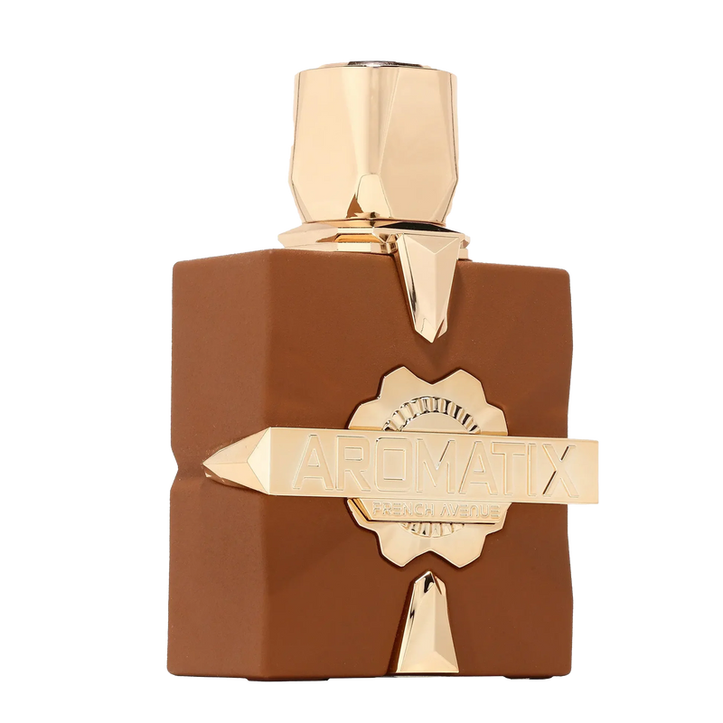 Square matte brown perfume bottle with faceted gold cap and gold starburst emblem with Aromatix French Avenue label.