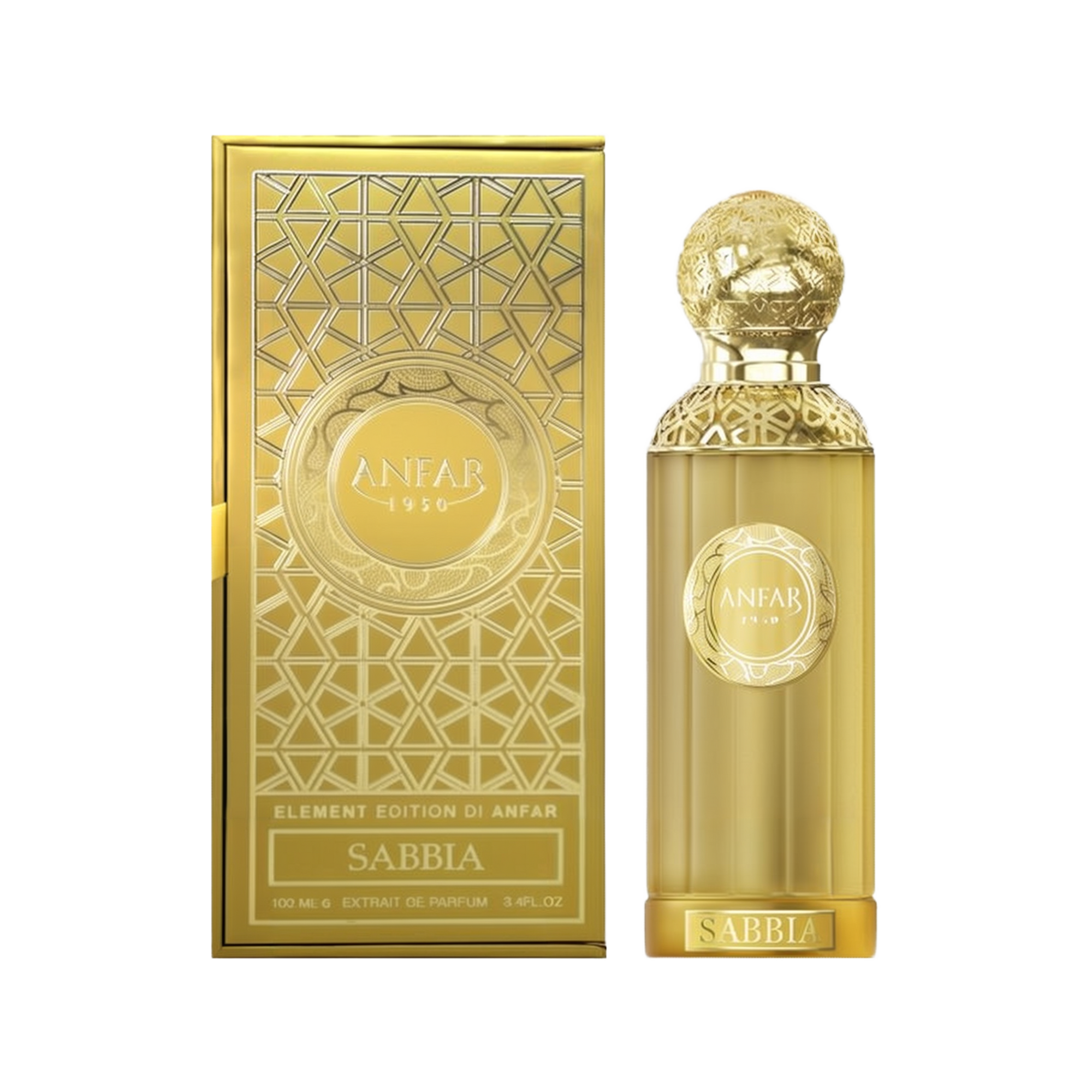 The image showcases the "Sabbia Extrait De Parfum 100ml Unisex" by Anfar. The perfume bottle is an elegant golden hue, topped with an intricate, textured golden cap that adds a touch of luxury. The front of the bottle features the Anfar logo in a circular