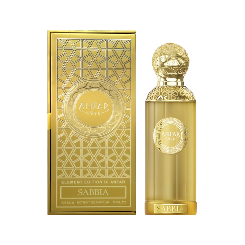 The image showcases the "Sabbia Extrait De Parfum 100ml Unisex" by Anfar. The perfume bottle is an elegant golden hue, topped with an intricate, textured golden cap that adds a touch of luxury. The front of the bottle features the Anfar logo in a circular