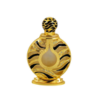 The image displays an ornate perfume bottle:  The bottle has a spherical shape with a flat base, finished in a shiny gold color. It features black and gold patterned designs with inset gem-like crystals. The central part of the bottle has a frosted glass panel. The top of the bottle has a spherical, patterned gold cap.