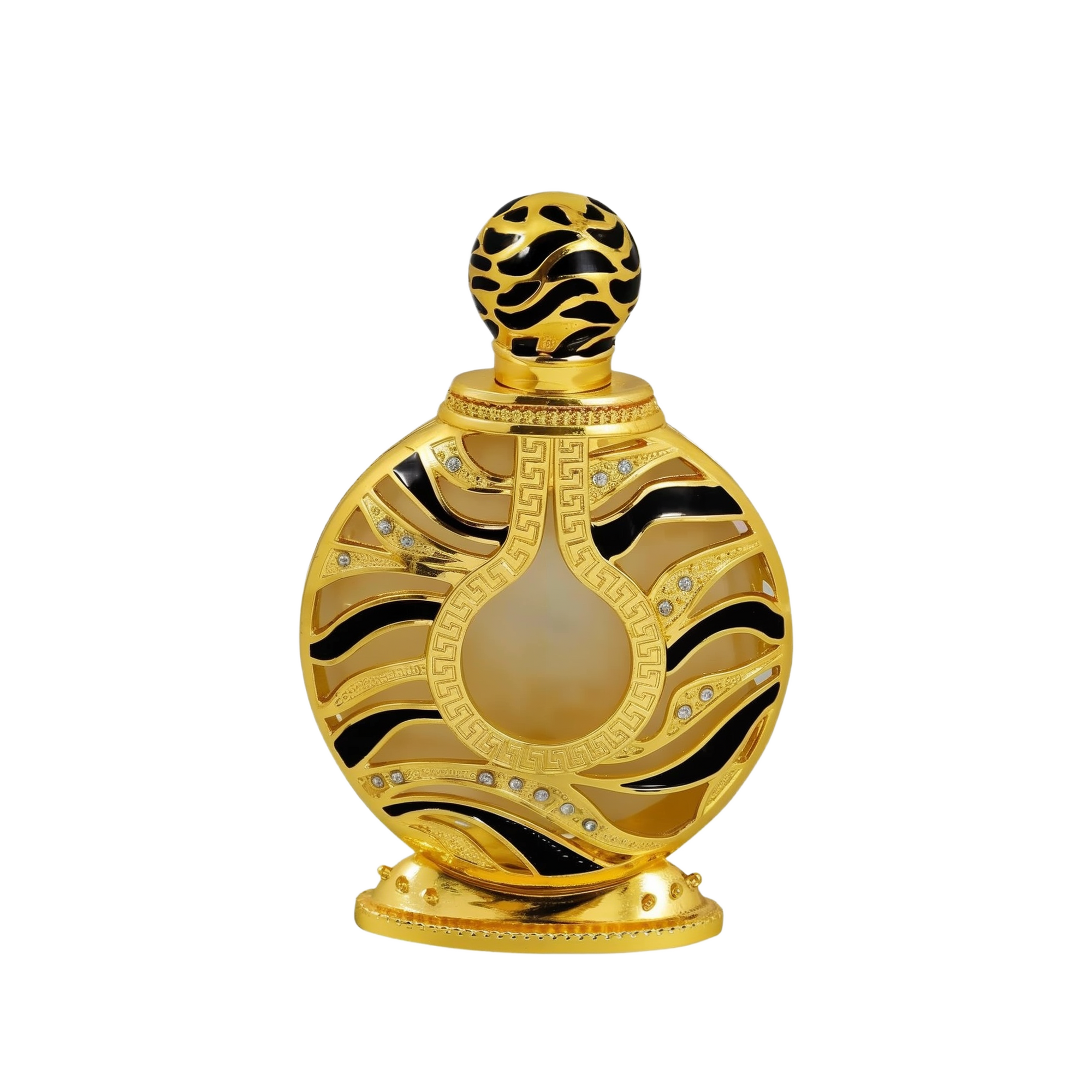 The image displays an ornate perfume bottle:  The bottle has a spherical shape with a flat base, finished in a shiny gold color. It features black and gold patterned designs with inset gem-like crystals. The central part of the bottle has a frosted glass panel. The top of the bottle has a spherical, patterned gold cap.
