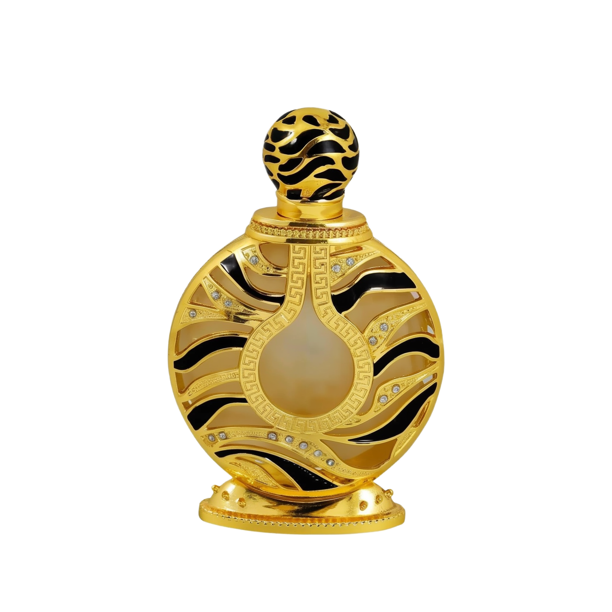 The image displays an ornate perfume bottle:  The bottle has a spherical shape with a flat base, finished in a shiny gold color. It features black and gold patterned designs with inset gem-like crystals. The central part of the bottle has a frosted glass panel. The top of the bottle has a spherical, patterned gold cap.