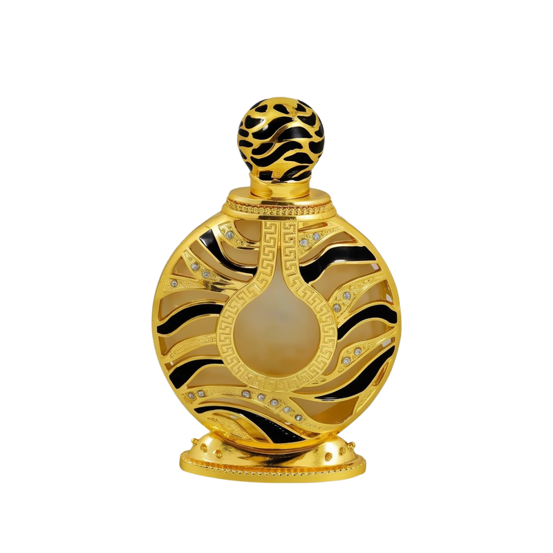 The image displays an ornate perfume bottle:  The bottle has a spherical shape with a flat base, finished in a shiny gold color. It features black and gold patterned designs with inset gem-like crystals. The central part of the bottle has a frosted glass panel. The top of the bottle has a spherical, patterned gold cap.