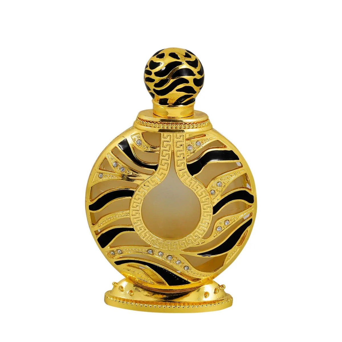 The image displays an ornate perfume bottle:  The bottle has a spherical shape with a flat base, finished in a shiny gold color. It features black and gold patterned designs with inset gem-like crystals. The central part of the bottle has a frosted glass panel. The top of the bottle has a spherical, patterned gold cap.