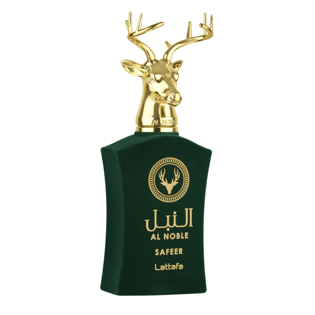 A product image featuring a dark green bottle of perfume with a gold cap in the shape of a deer's head and antlers. The front of the bottle has gold lettering that reads "AL NOBLE," "SAFEER," and "Lattafa," with a logo of a stag in a circle above the text. The packaging suggests a luxurious or premium fragrance product.