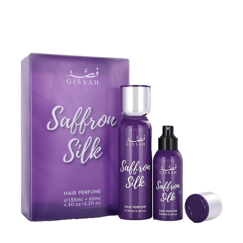 Purple Gissah Saffron Silk Hair Perfume set with two bottles and matching packaging box displaying product name.