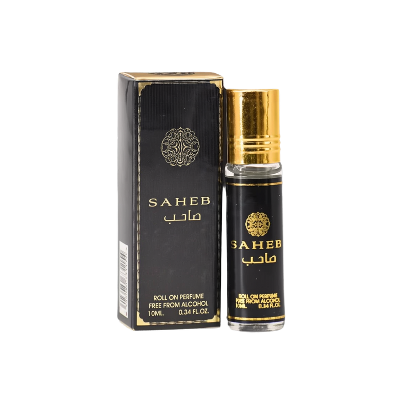 The image shows a product named "Saheb," which is a roll-on perfume oil by Ard Al Zaafaran.  The bottle and its accompanying box feature a sleek black design with gold accents.  The box also has a decorative emblem and a barcode on one side.