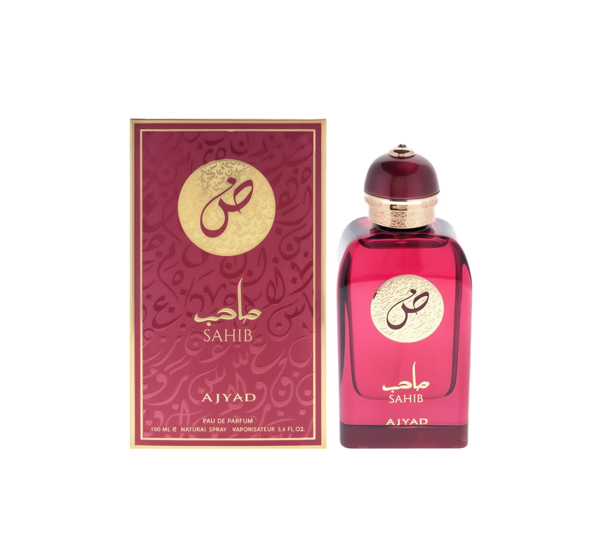 A rectangular deep red perfume bottle with gold Arabic text reading “Sahib” and a dome-shaped cap, shown alongside a matching red and gold box labeled “Sahib” and “Ajyad.”