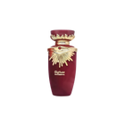 The image shows a perfume bottle from the brand Lattafa, specifically the "SAKEENA" fragrance. The bottle is maroon with a tapered shape and features a golden, ornate lid that resembles a crown, complete with a gemstone accent in the center. The design elements suggest a luxurious and exotic scent. "SAKEENA" is written in gold Arabic calligraphy on the body of the bottle, which is set against a plain background, emphasizing the bottle's elegant design and rich color palette.