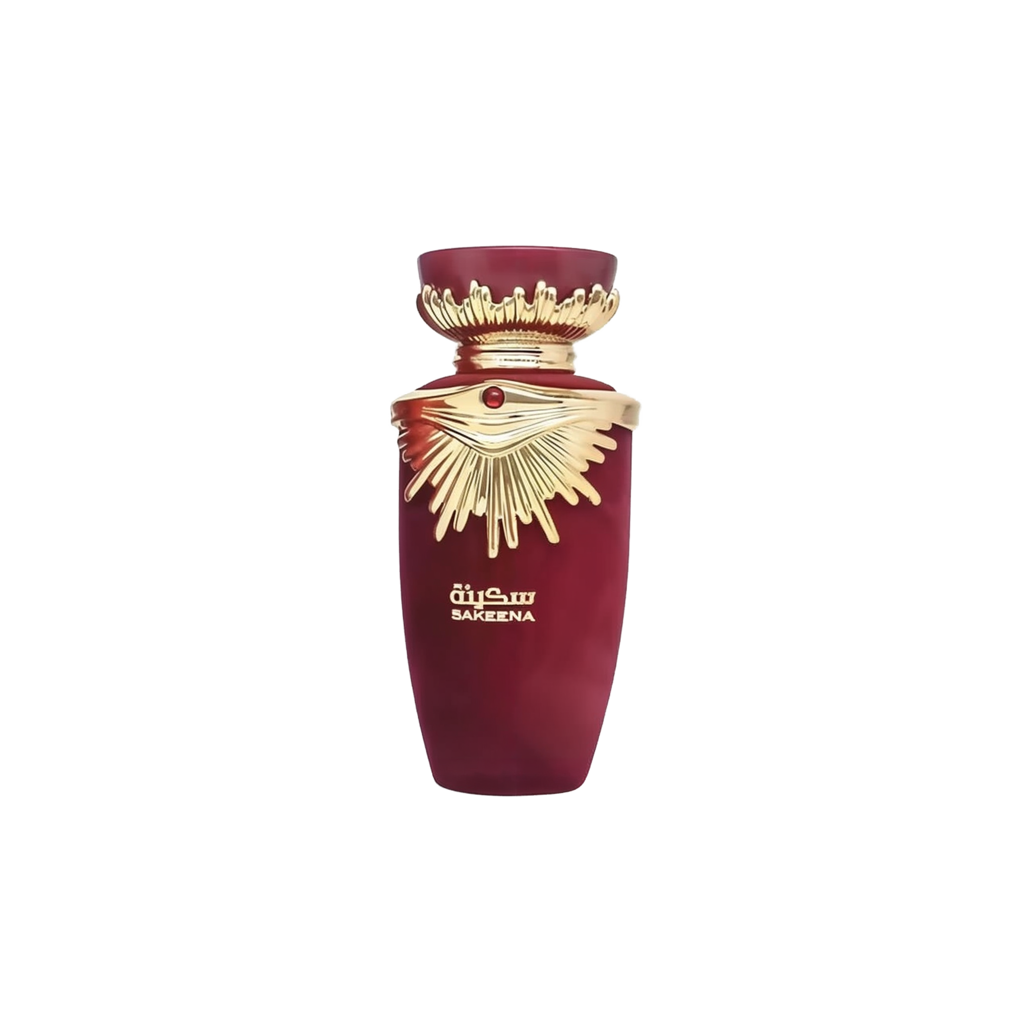 The image shows a perfume bottle from the brand Lattafa, specifically the "SAKEENA" fragrance. The bottle is maroon with a tapered shape and features a golden, ornate lid that resembles a crown, complete with a gemstone accent in the center. The design elements suggest a luxurious and exotic scent. "SAKEENA" is written in gold Arabic calligraphy on the body of the bottle, which is set against a plain background, emphasizing the bottle's elegant design and rich color palette.