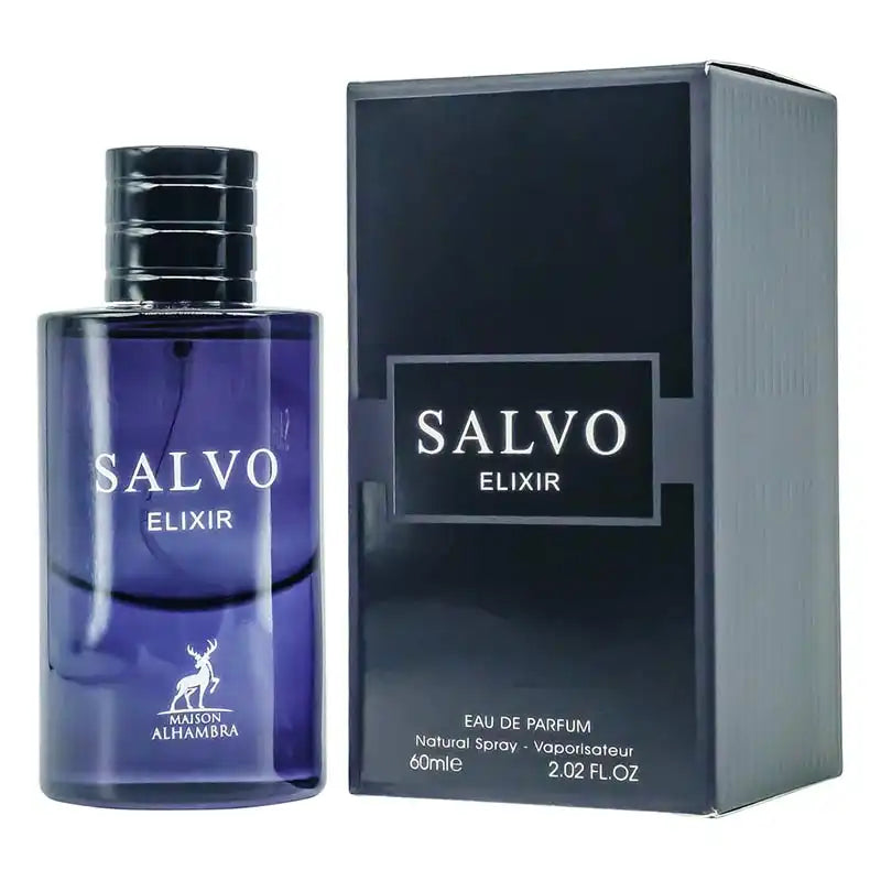 The image shows a product called "Salvo Elixir" by Maison Alhambra. The product consists of a dark purple bottle of Eau de Parfum and its corresponding box. The box is black with the brand name "Salvo Elixir" in white lettering. The Maison Alhambra logo, which depicts a deer, is also present on the box.