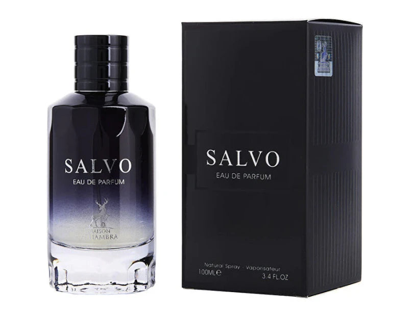 The image shows a product called "Salvo" by Maison Alhambra. The product consists of a dark gradient bottle of Eau de Parfum and its corresponding box. The box is black with the brand name "Salvo" in white lettering and the words "Eau de Parfum" below it.  The bottle also includes the Maison Alhambra logo. The product size is indicated as 100ml or 3.4 fl. oz.