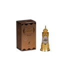 The image displays a perfume bottle and its packaging. The packaging is a rectangular box with a brown color scheme and features decorative patterns, the brand name "AFNAN", and Arabic script which possibly states the fragrance's name. The bottle itself has a white body with intricate golden patterns around its lower half and a detailed golden cap that appears to have a traditional or perhaps Middle Eastern design.
