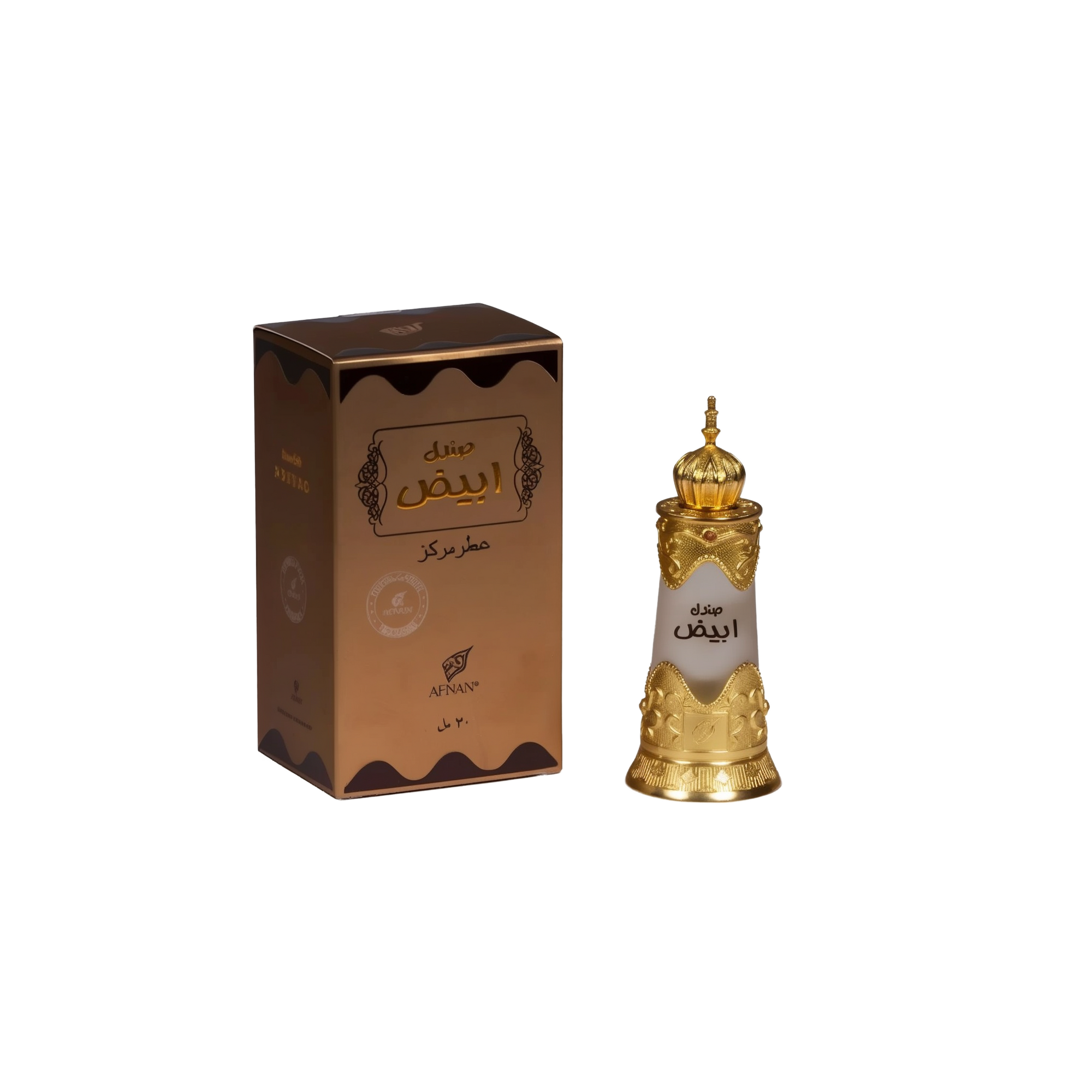 The image displays a perfume bottle and its packaging. The packaging is a rectangular box with a brown color scheme and features decorative patterns, the brand name "AFNAN", and Arabic script which possibly states the fragrance's name. The bottle itself has a white body with intricate golden patterns around its lower half and a detailed golden cap that appears to have a traditional or perhaps Middle Eastern design.