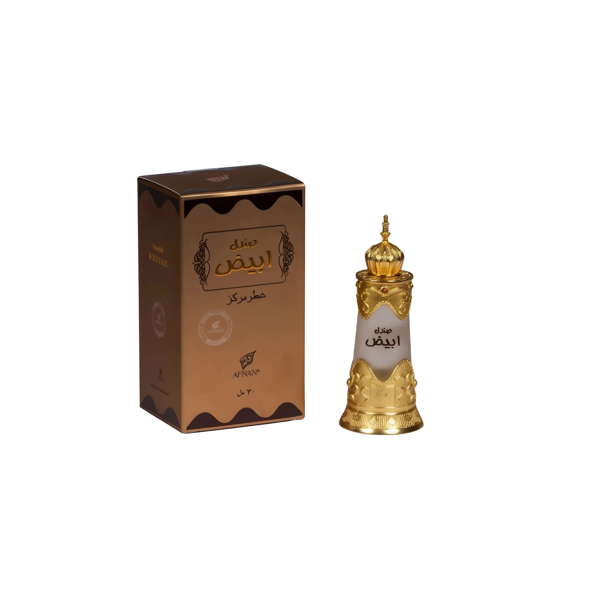 The image displays a perfume bottle and its packaging. The packaging is a rectangular box with a brown color scheme and features decorative patterns, the brand name "AFNAN", and Arabic script which possibly states the fragrance's name. The bottle itself has a white body with intricate golden patterns around its lower half and a detailed golden cap that appears to have a traditional or perhaps Middle Eastern design.