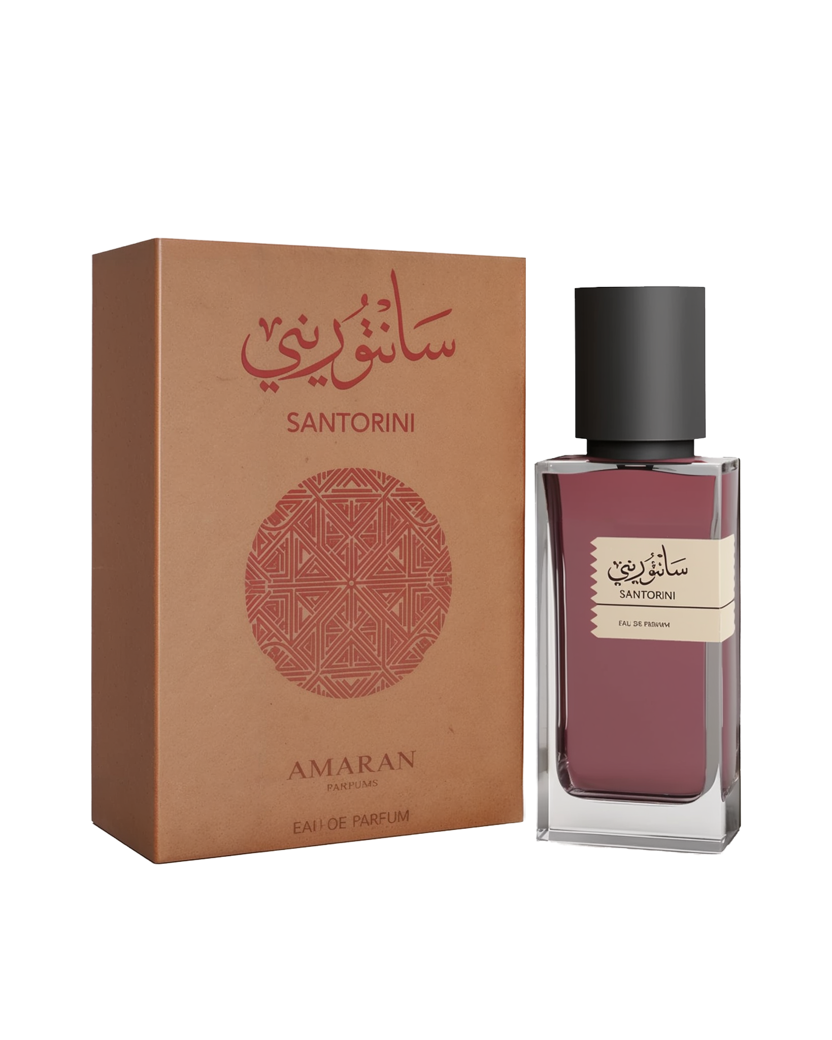 A rectangular glass perfume bottle with burgundy liquid and a black cap, labeled ‘Santorini’ by Amaran Parfums, stands next to a tan box featuring red Arabic script and a circular geometric design.