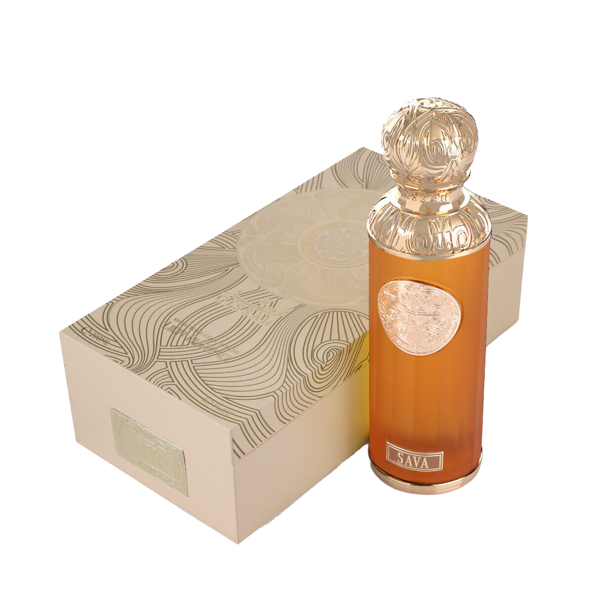Gissah Sava perfume with gold-accented bottle and matching decorative box.