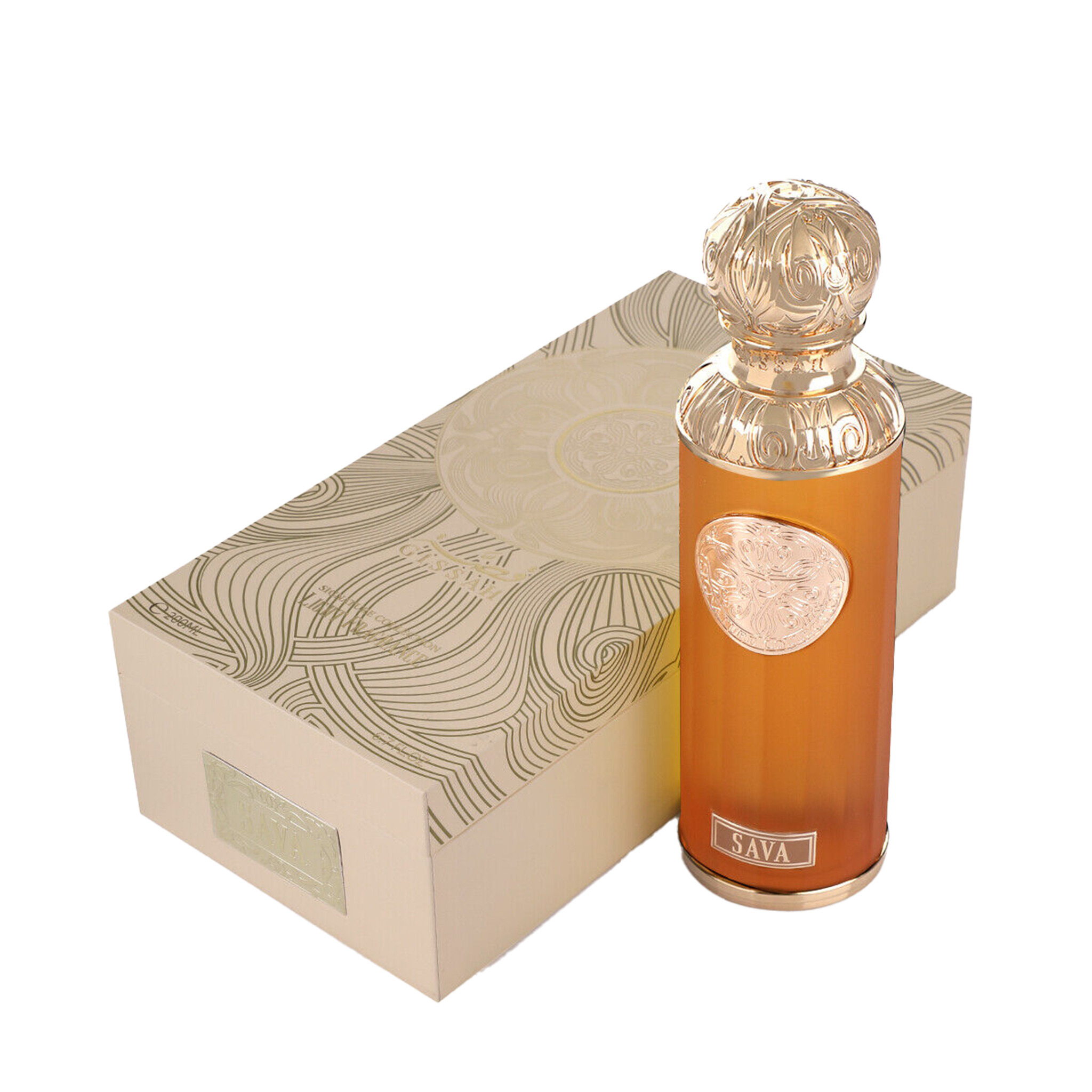 Gissah Sava perfume with gold-accented bottle and matching decorative box.