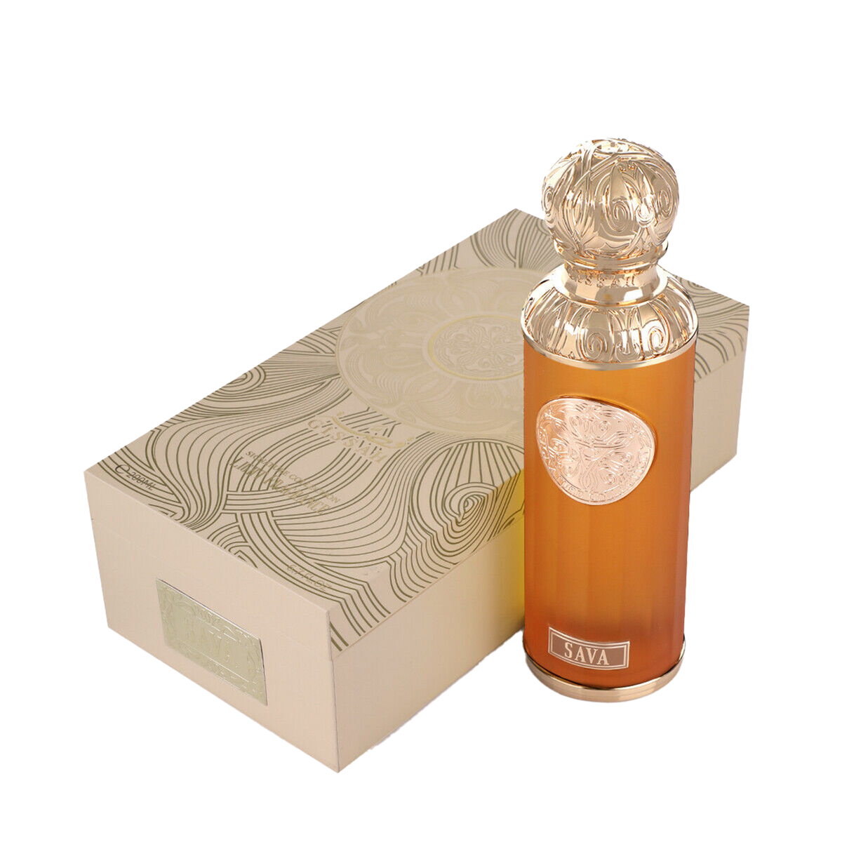 Gissah Sava perfume with gold-accented bottle and matching decorative box.