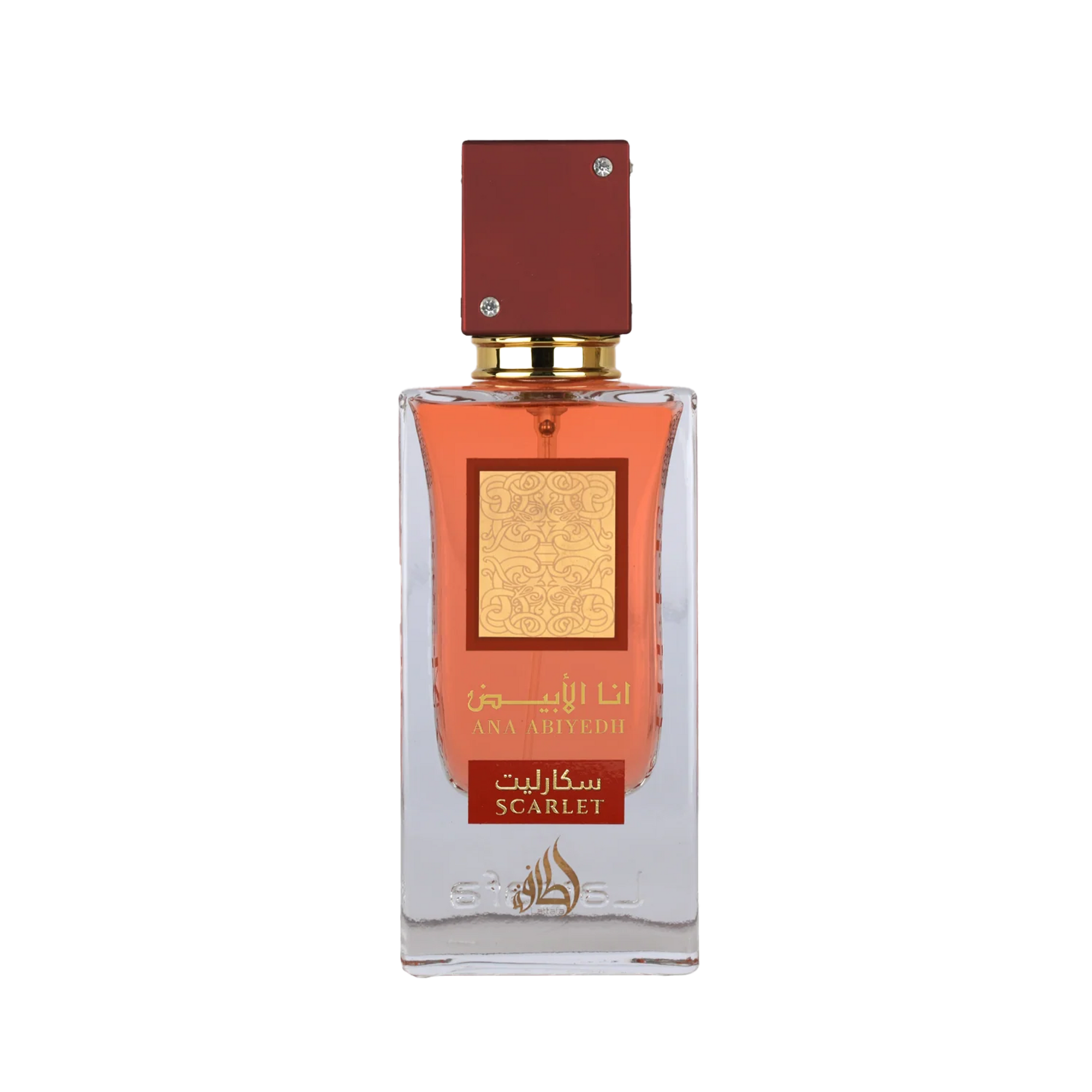 Rectangular perfume bottle with red cap and Scarlet Ana Abiyedh Lattafa branding in gold and red.