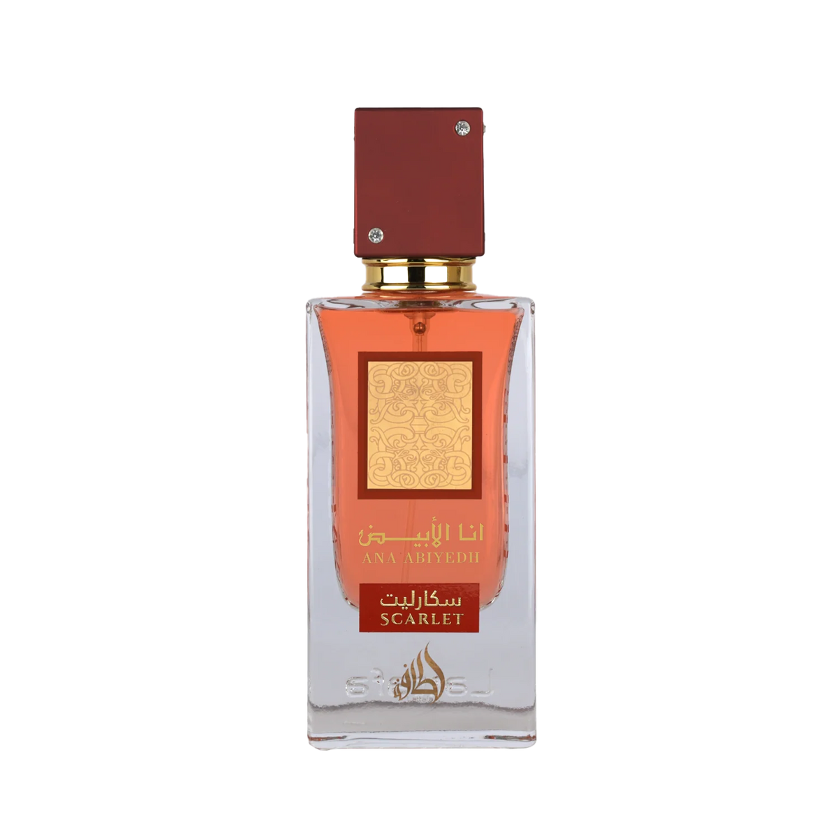 Rectangular perfume bottle with red cap and Scarlet Ana Abiyedh Lattafa branding in gold and red.