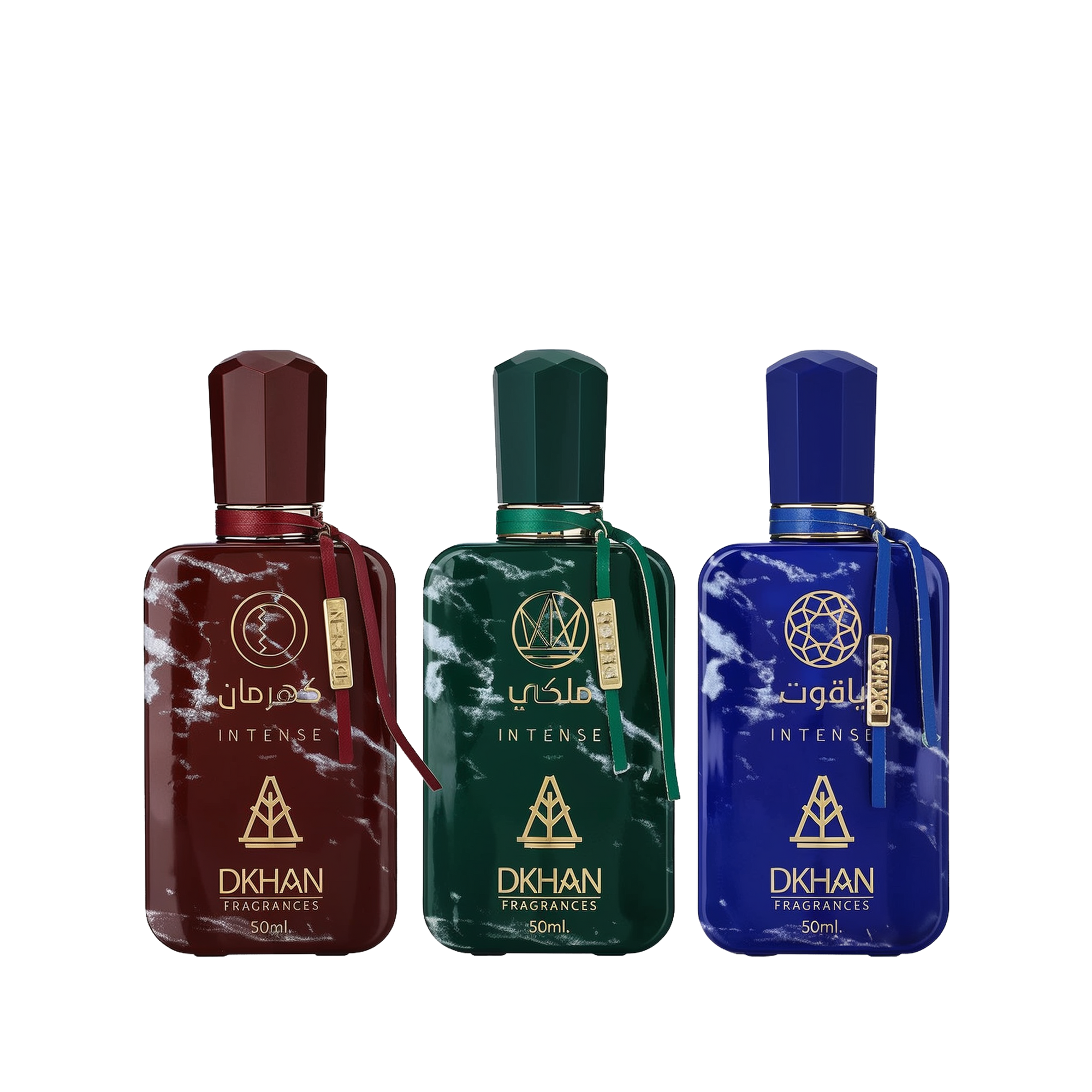 This image features a set of three distinct perfume bottles from DKHAN Fragrances, each containing 50ml of Eau de Parfum. From left to right: the first bottle is maroon with a matching geometric cap and a gold tag, the second bottle is emerald green with a gold tag, and the third is cobalt blue with a gold tag. Each bottle has a marbled effect and is adorned with the DKHAN logo and 'INTENSE' in gold lettering, along with the brand's emblem, a heart within a diamond shape.