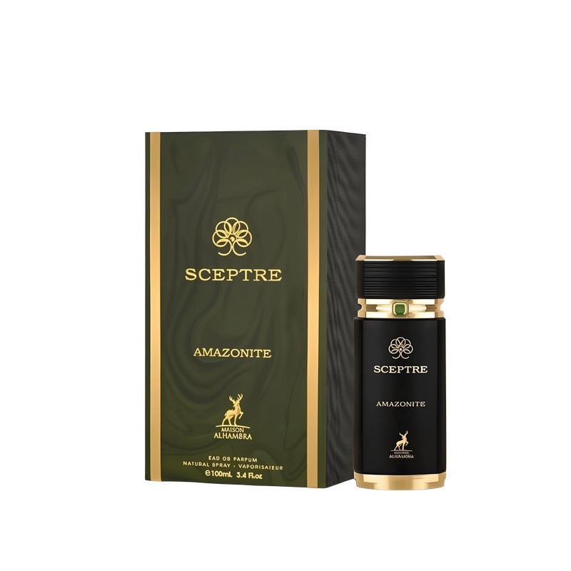 The image shows a product called "Sceptre Amazonite" by Maison Alhambra. The product consists of a black and gold bottle of Eau de Parfum and its corresponding box. The box is dark green with gold accents and features the brand name "Sceptre" in gold lett