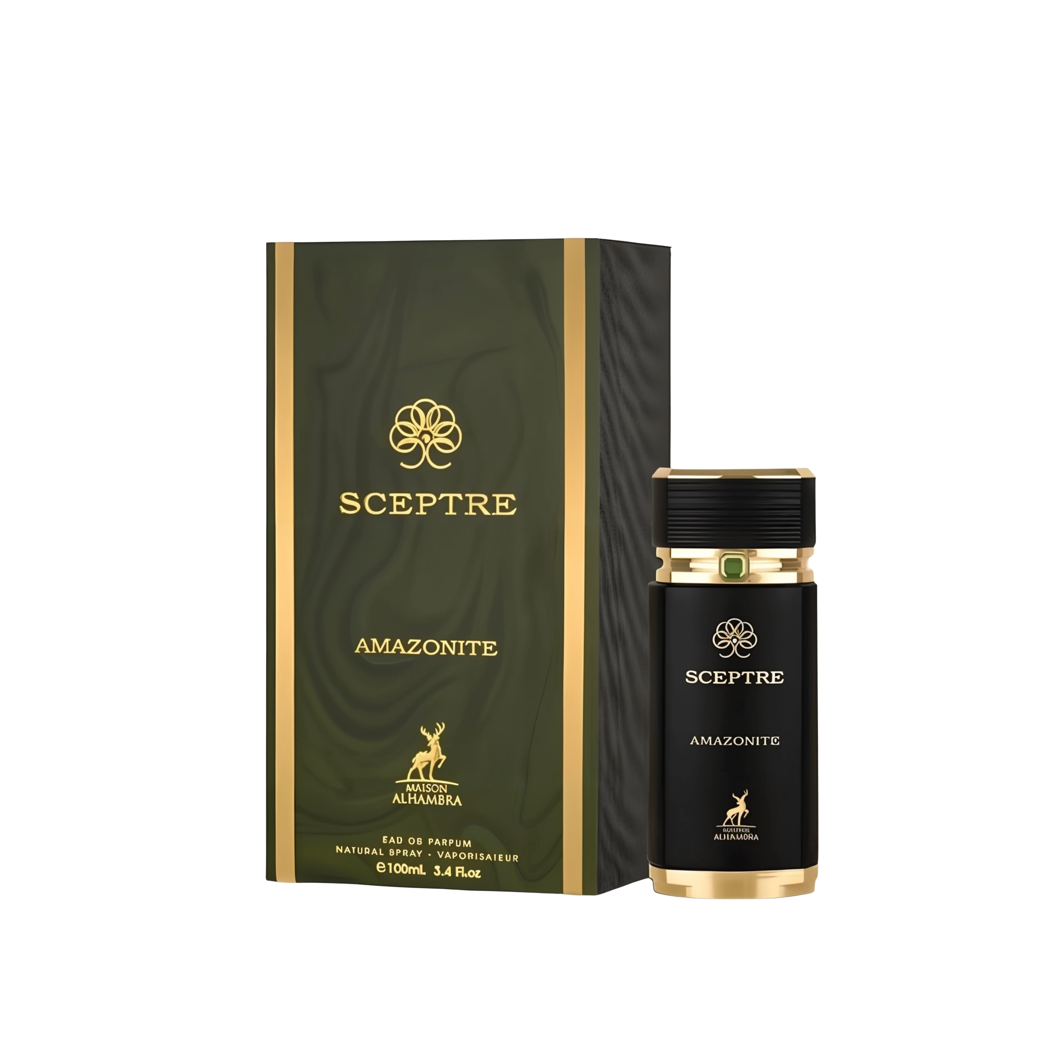 The image shows a product called "Sceptre Amazonite" by Maison Alhambra. The product consists of a black and gold bottle of Eau de Parfum and its corresponding box. The box is dark green with gold accents and features the brand name "Sceptre" in gold lett