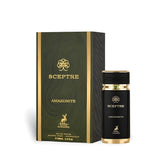 The image shows a product called "Sceptre Amazonite" by Maison Alhambra. The product consists of a black and gold bottle of Eau de Parfum and its corresponding box. The box is dark green with gold accents and features the brand name "Sceptre" in gold lettering along with a decorative emblem above it. The word "Amazonite" is written below the brand name, and the box also includes the Maison Alhambra logo, which depicts a deer.