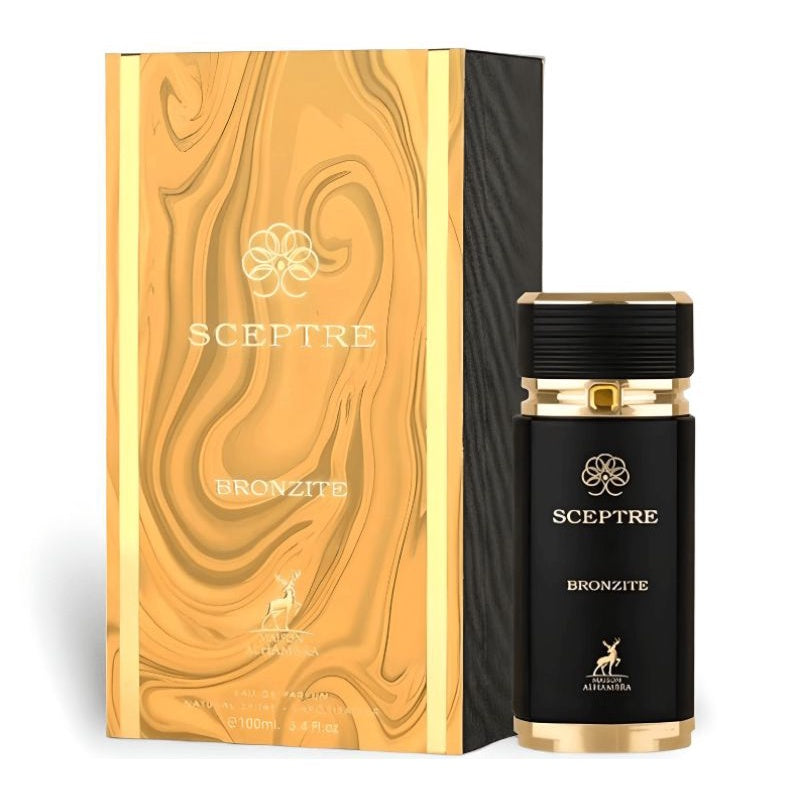 The image shows a product called "Sceptre Bronzite" by Maison Alhambra. The product consists of a black and gold bottle of Eau de Parfum and its corresponding box. The box features a golden, marbled design with gold accents and the brand name "Sceptre" in white lettering along with a decorative emblem above it. 