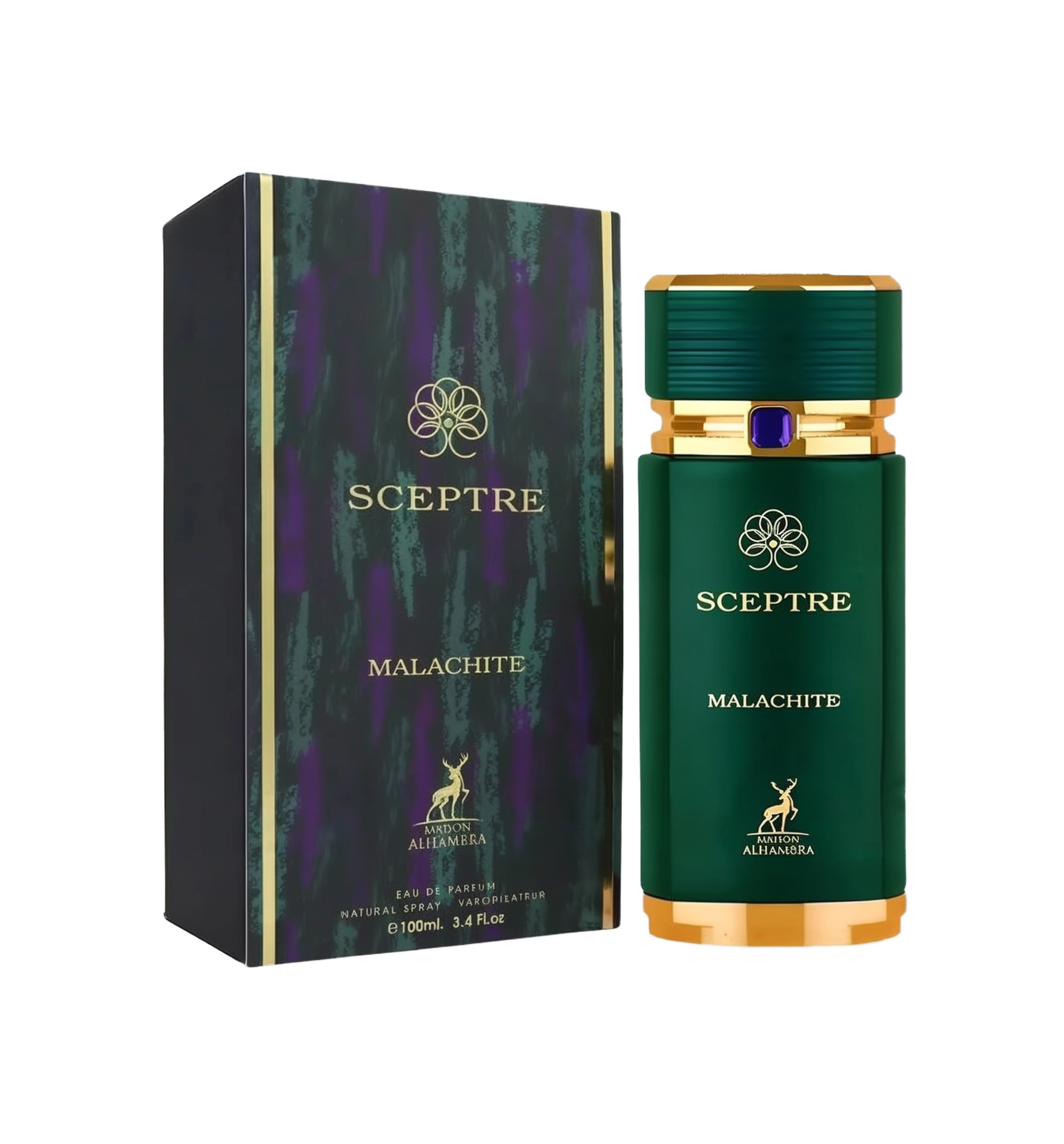 A dark green rectangular box with subtle purple and gold detailing labeled ‘Sceptre Malachite’ by Maison Alhambra, shown beside a matching dark green cylindrical perfume bottle featuring gold accents and a blue jewel-like element near the top.