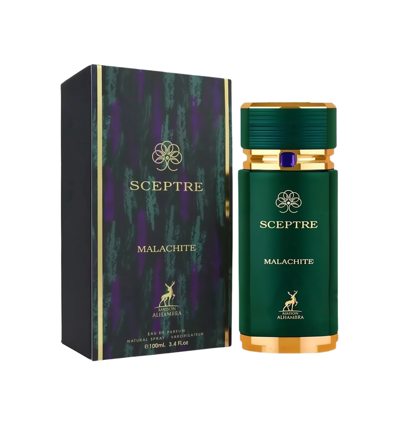 A dark green rectangular box with subtle purple and gold detailing labeled ‘Sceptre Malachite’ by Maison Alhambra, shown beside a matching dark green cylindrical perfume bottle featuring gold accents and a blue jewel-like element near the top.