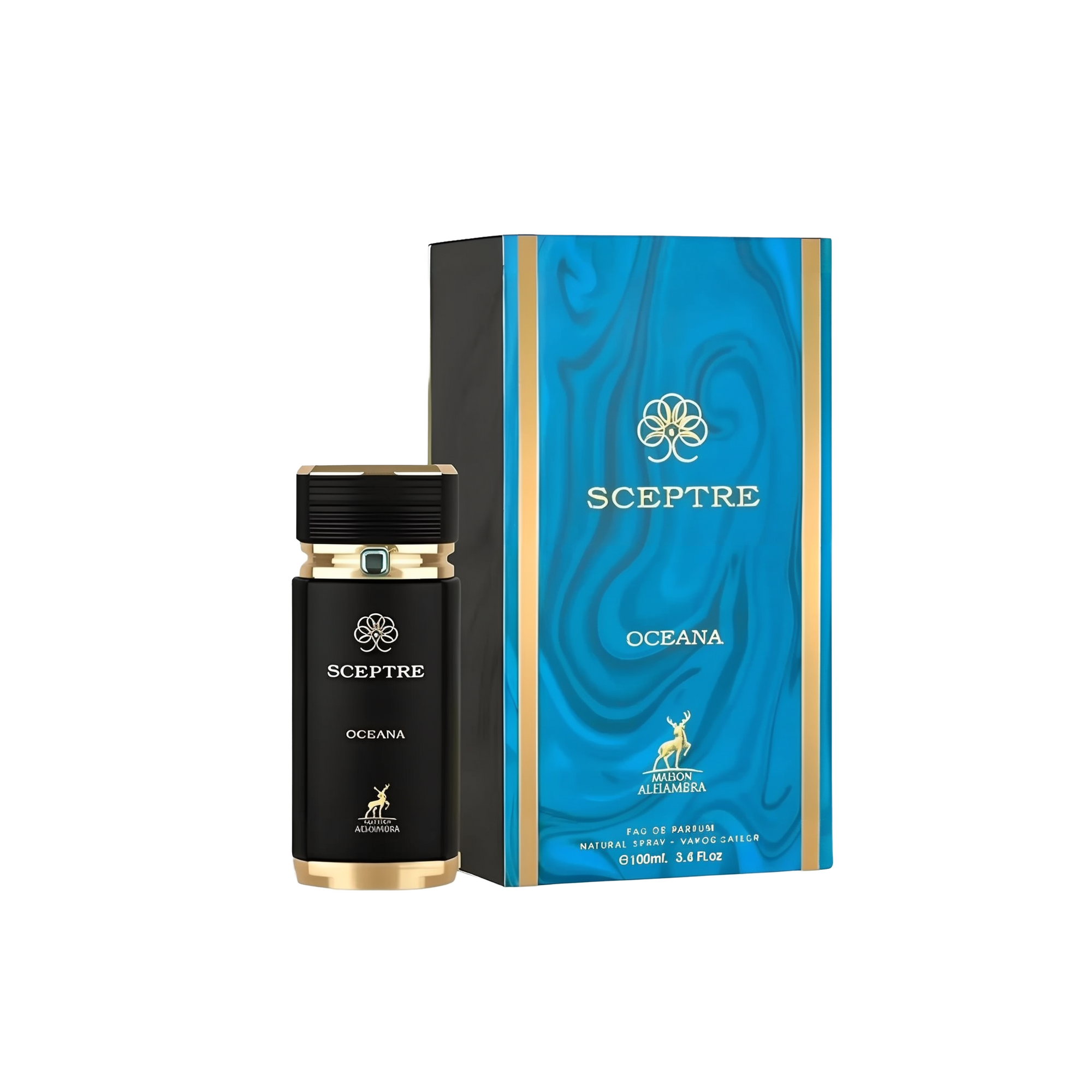 The image shows a product called "Sceptre Oceana" by Maison Alhambra. The product consists of a black and gold bottle of Eau de Parfum and its corresponding box. The box features a blue, marbled design with gold accents and the brand name "Sceptre" in gol