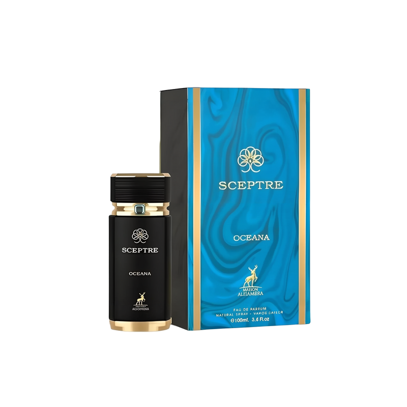 The image shows a product called "Sceptre Oceana" by Maison Alhambra. The product consists of a black and gold bottle of Eau de Parfum and its corresponding box. The box features a blue, marbled design with gold accents and the brand name "Sceptre" in gol