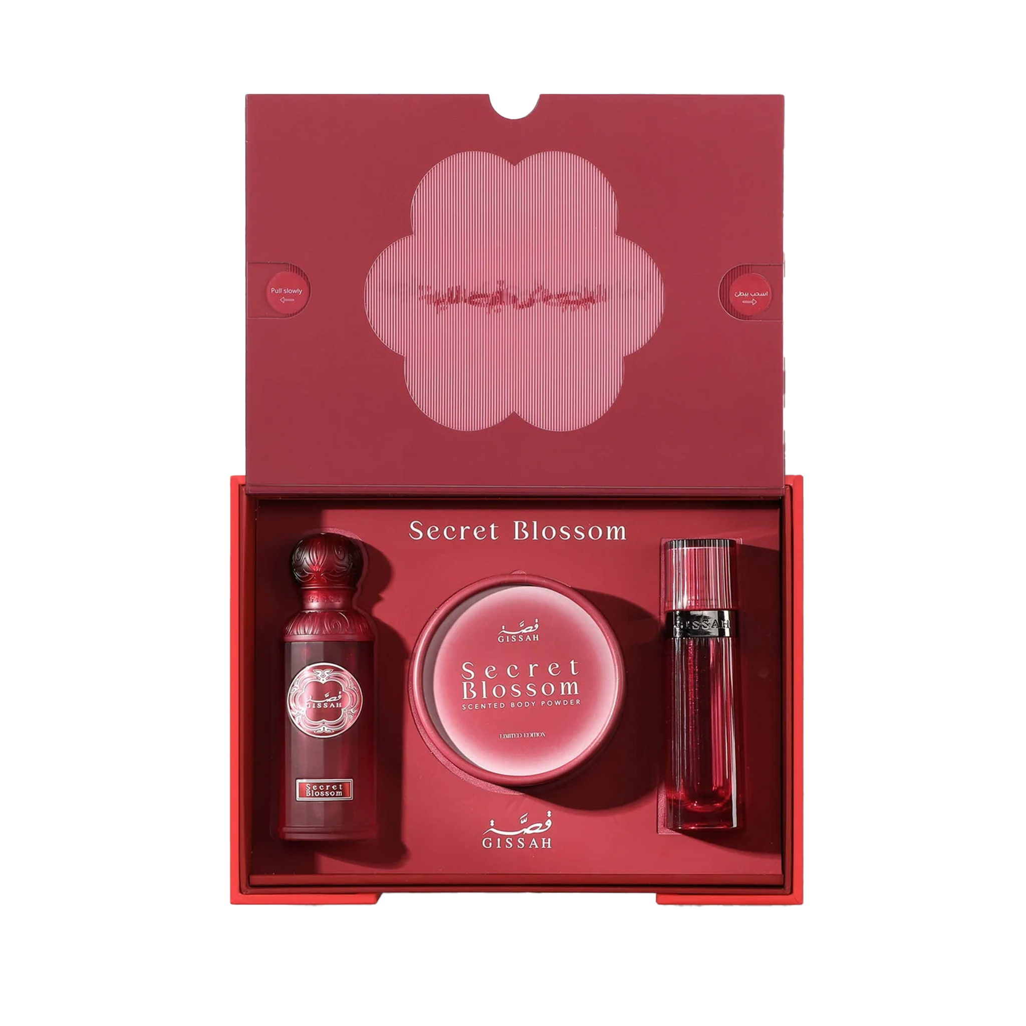 Gissah Secret Blossom gift set with perfume, scented body powder, and body spray in red packaging.