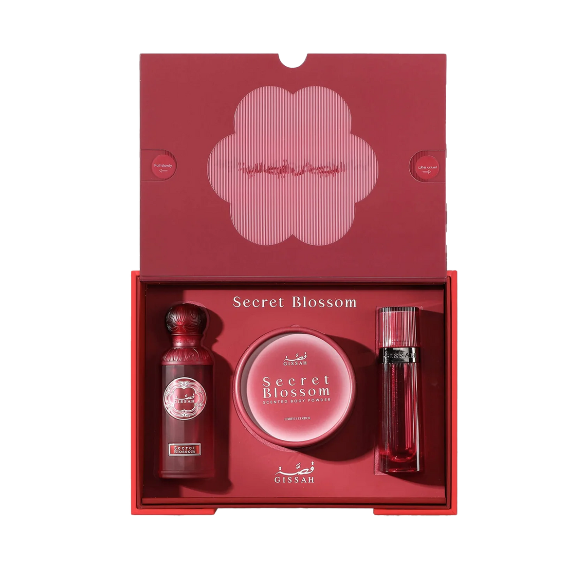 Gissah Secret Blossom gift set with perfume, scented body powder, and body spray in red packaging.