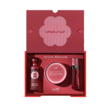 Gissah Secret Blossom gift set with perfume, scented body powder, and body spray in red packaging.