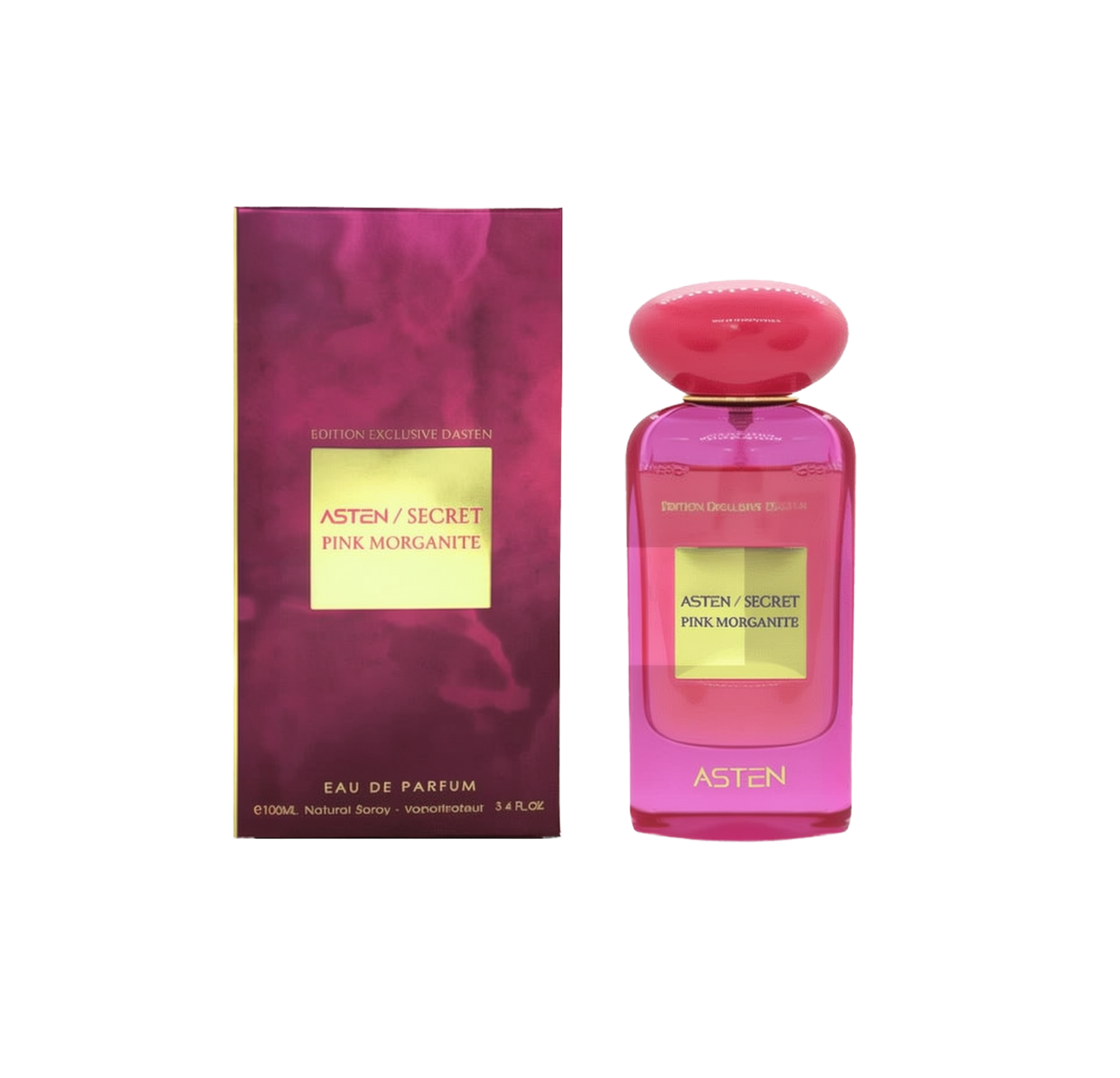 A pink rectangular glass perfume bottle with a rounded pink cap, labeled “Asten/Secret Pink Morganite,” standing beside a matching burgundy box featuring a gold label with the same text.