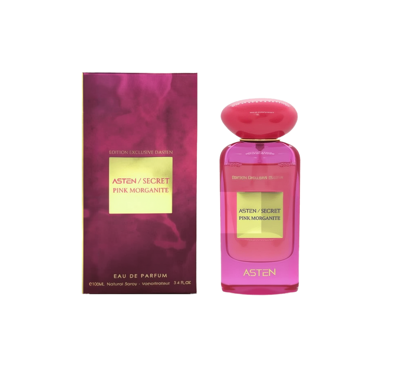 A pink rectangular glass perfume bottle with a rounded pink cap, labeled “Asten/Secret Pink Morganite,” standing beside a matching burgundy box featuring a gold label with the same text.