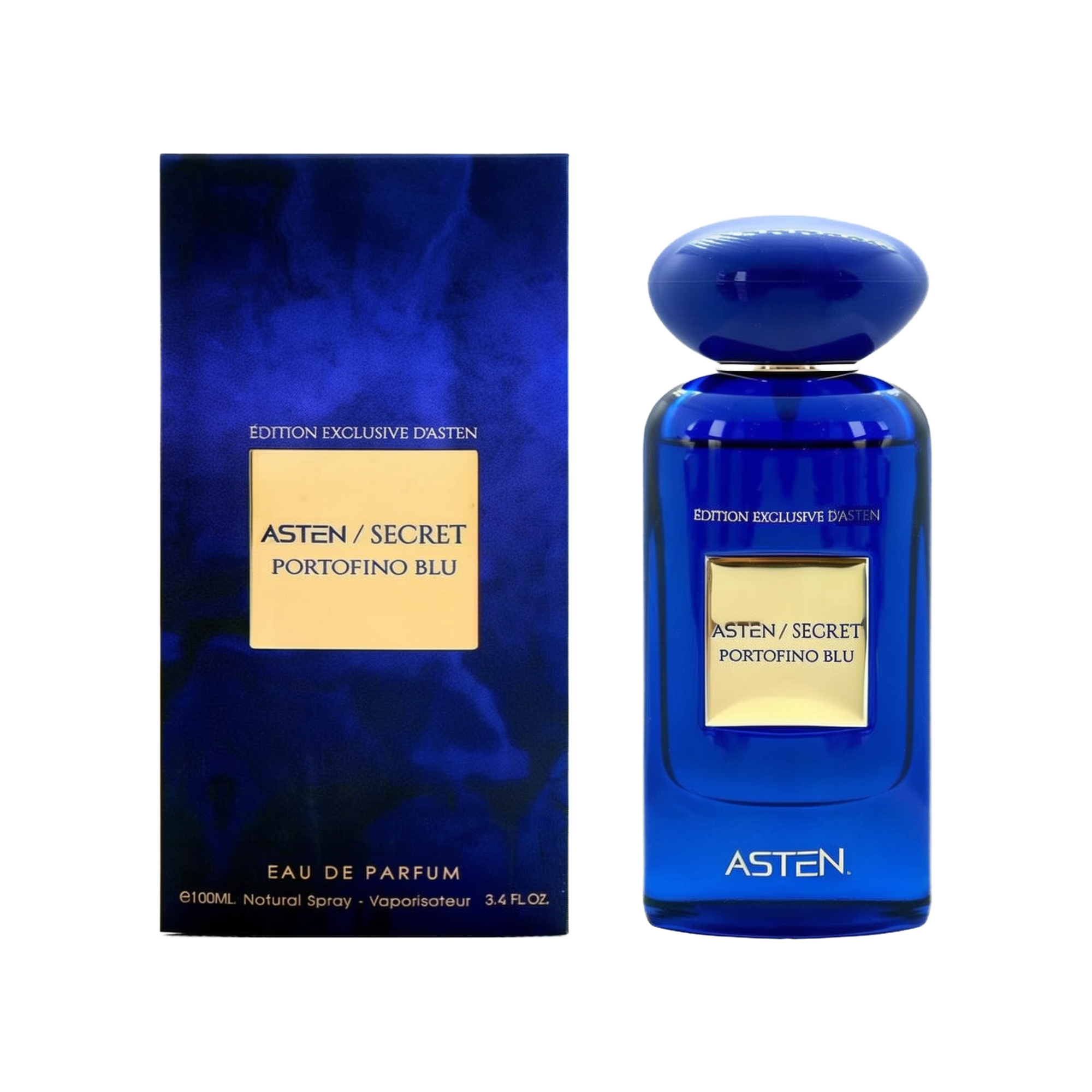 A blue rectangular glass perfume bottle with an oval top cap, labeled “Asten/Secret Portofino Blu,” standing beside a matching deep-blue box featuring a gold label with the same text.