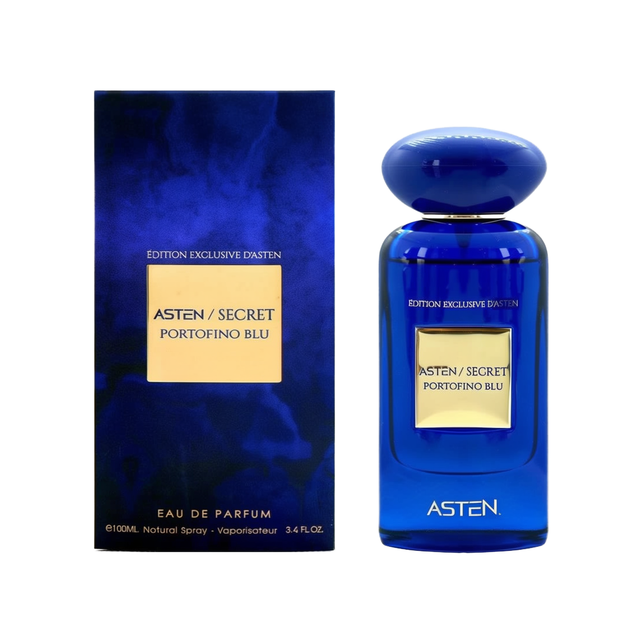 A blue rectangular glass perfume bottle with an oval top cap, labeled “Asten/Secret Portofino Blu,” standing beside a matching deep-blue box featuring a gold label with the same text.