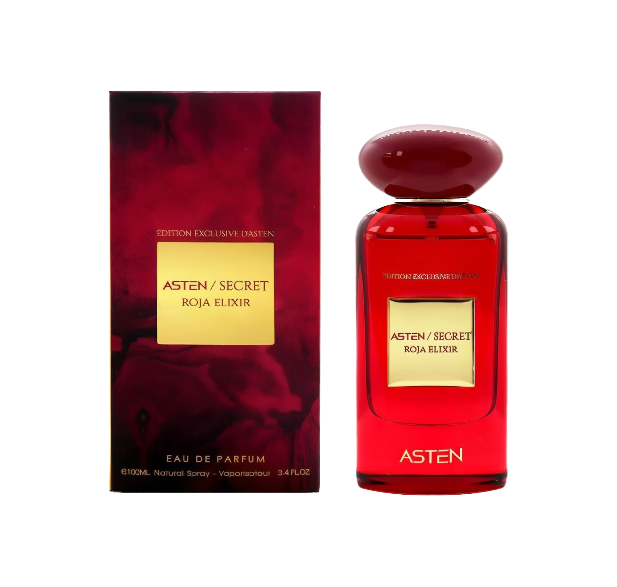 A rectangular, translucent red perfume bottle with an oval top cap, labeled “Asten/Secret Roja Elixir,” standing beside a matching red box featuring a gold label with the same text.