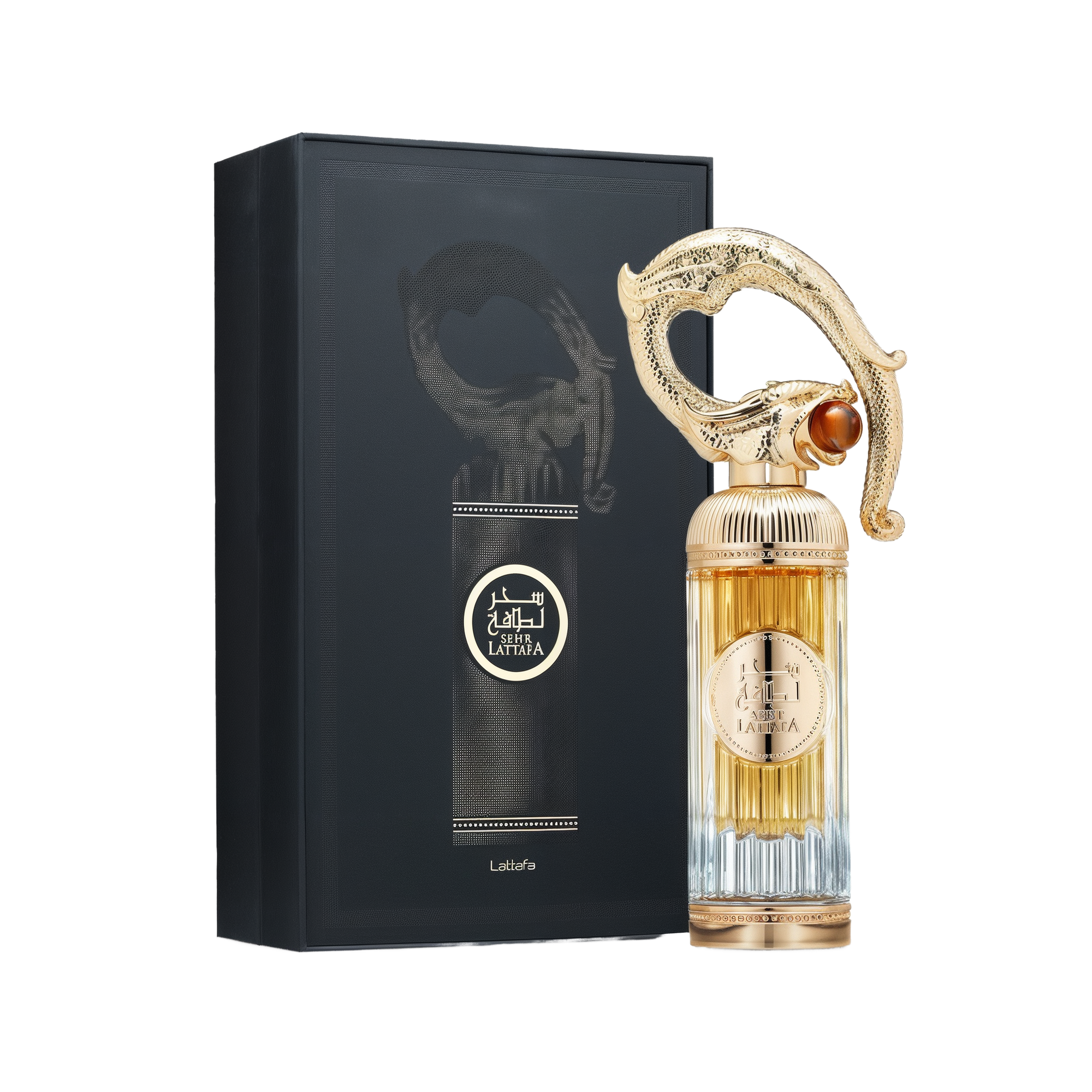 A luxurious bottle of Sehr Lattafa perfume by Lattafa, positioned beside its elegant black box. The tall, ribbed glass bottle transitions from clear at the base to a golden amber hue at the top. The centerpiece is an ornate, sculpted gold cap resembling an Arabian dagger or sword hilt, adorned with intricate detailing and a gemstone-like accent. The circular gold label on the front displays the name 'Sehr Lattafa' in Arabic and English.
