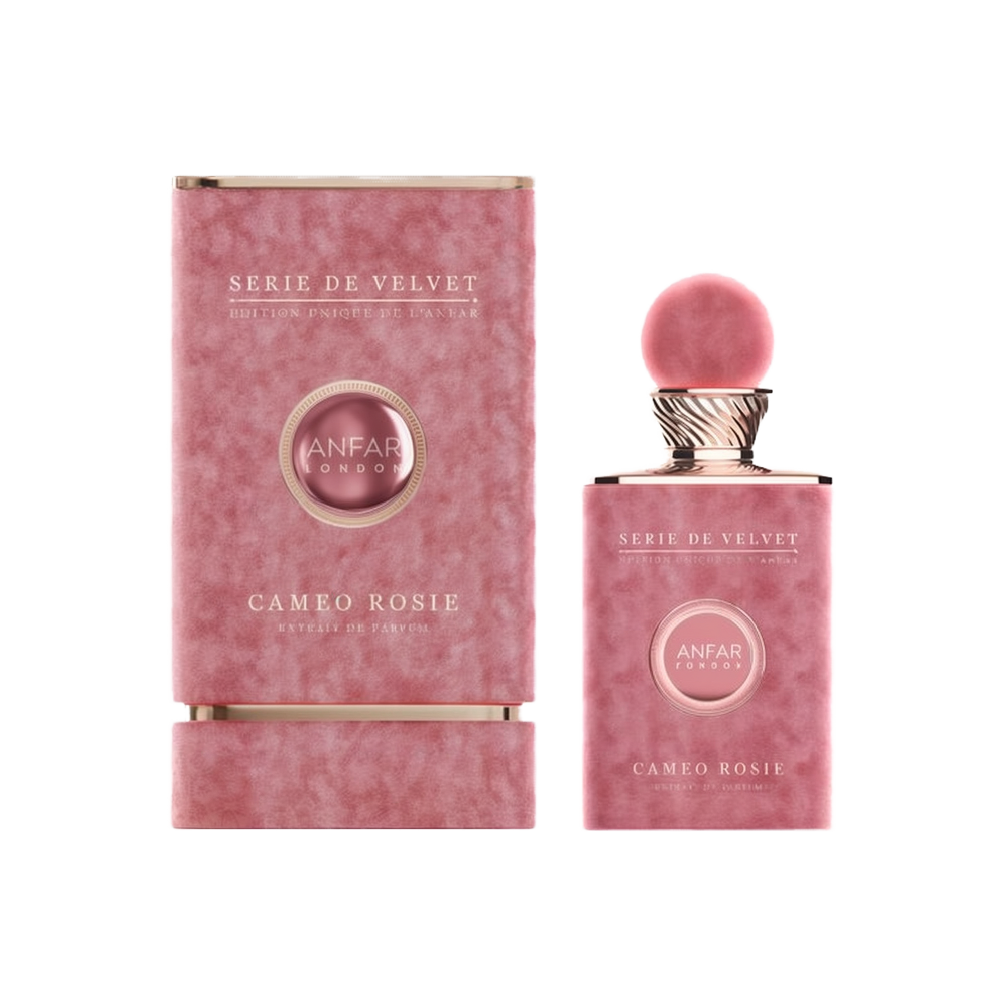 The image displays the "Cameo Rosie Extrait De Parfum" from the "Serie De Velvet" collection by Anfar. The perfume bottle has an elegant, velvety pink finish, matching the texture of the packaging box beside it. The bottle is topped with a soft pink spher