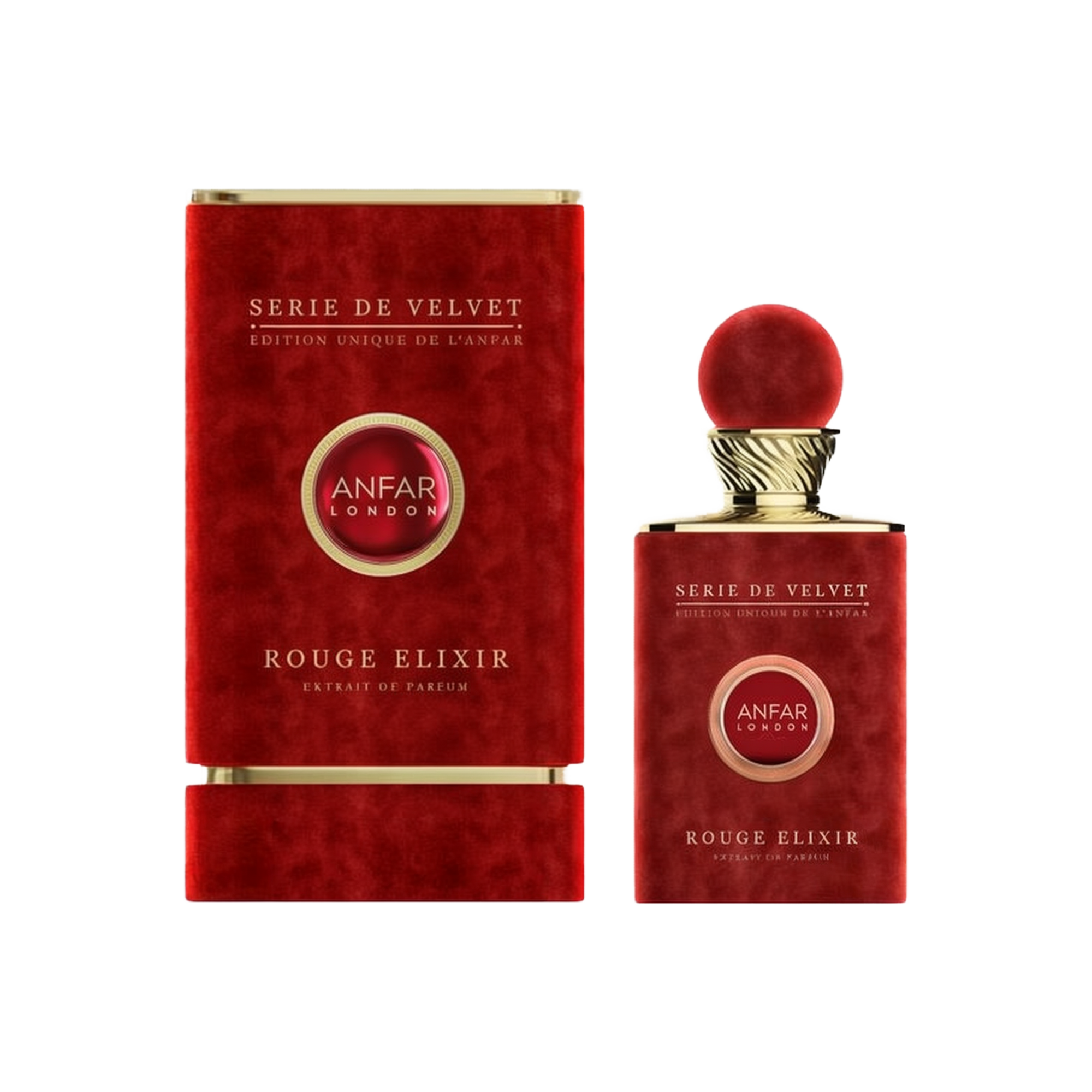 The image features the "Rouge Elixir Extrait De Parfum" from the "Serie De Velvet" collection by Anfar. The perfume bottle is covered in a luxurious, velvety red finish, complemented by a round red cap with a gold collar for an opulent look. The front of 