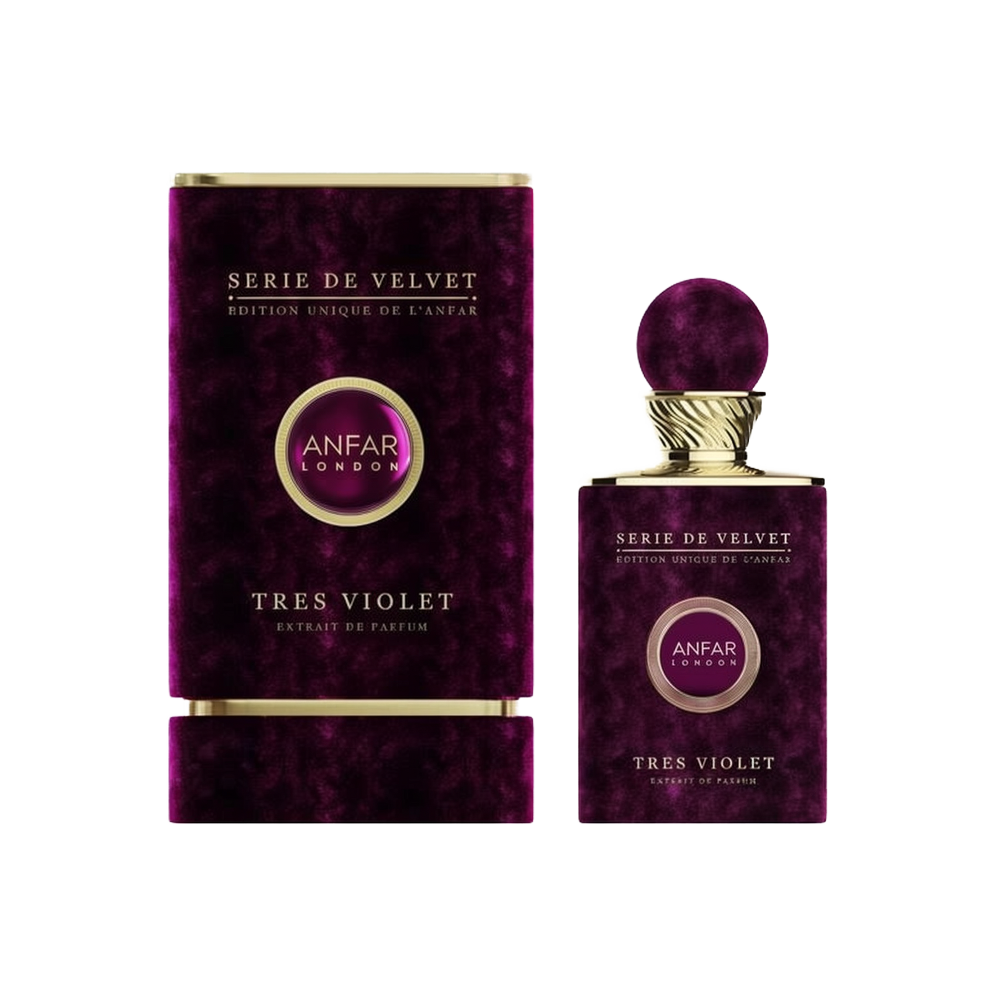 Anfar London Serie de Velvet Tres Violet Extrait de Parfum, featuring a luxurious velvet-textured purple packaging with gold accents and a matching elegant perfume bottle with a spherical cap, exuding a sophisticated and premium design.