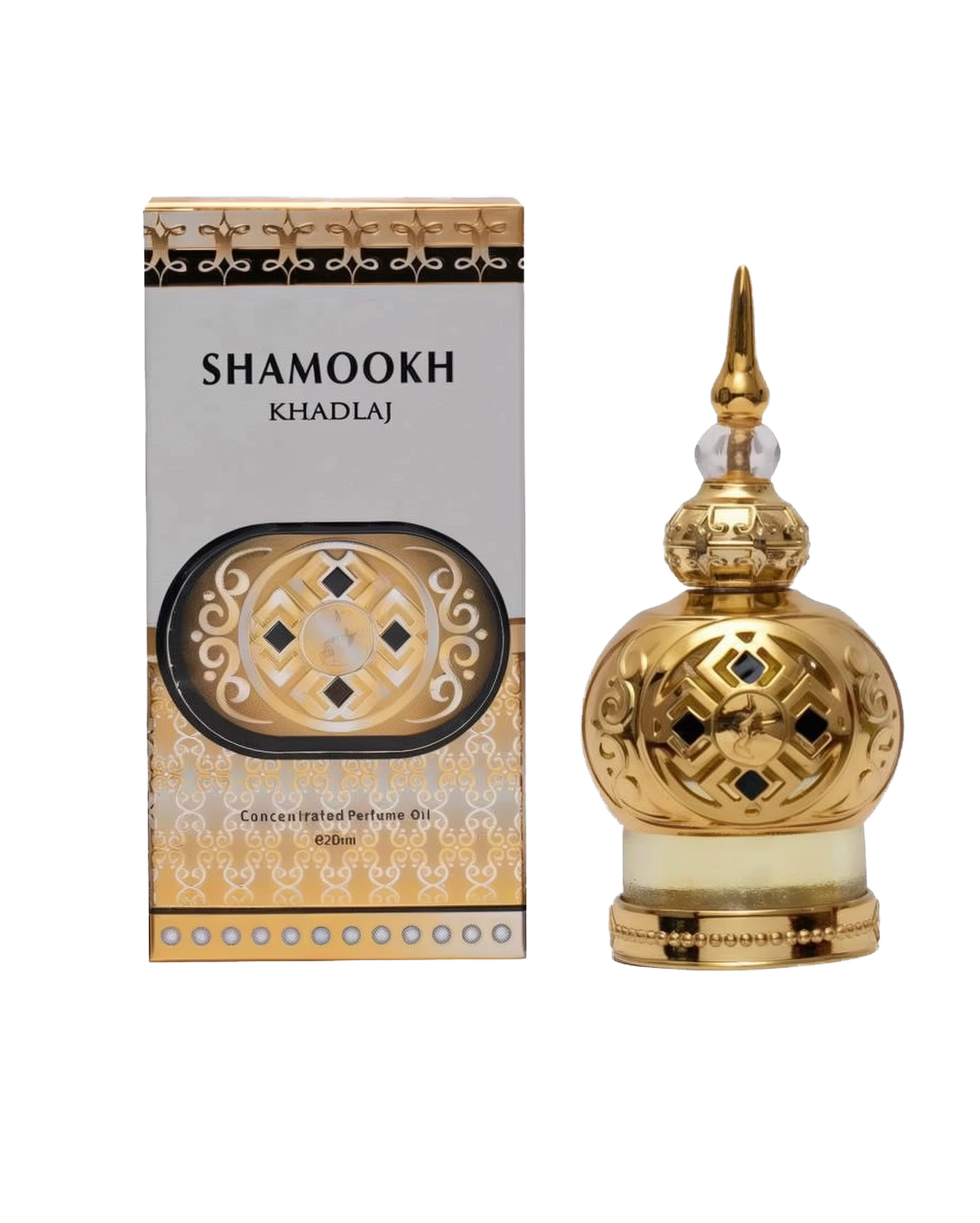The image shows a product called "Shamookh" by Khadlaj, which is a concentrated perfume oil. The product is presented in an ornate 20ml bottle with a spherical design. The bottle is gold with intricate patterns and a decorative, pointed cap, giving it a luxurious and elegant appearance. The packaging box complements the bottle's design with a gold and black theme, featuring the product name "Shamookh" in bold letters.