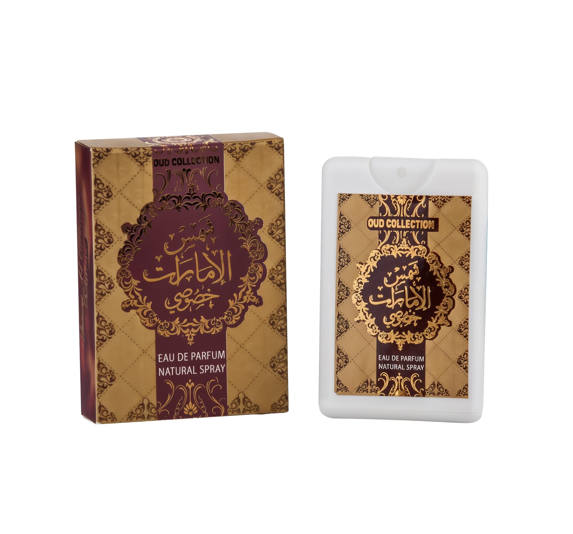 The image shows a product from the "OUD COLLECTION" which includes a perfume box and a bottle. The box is maroon with intricate golden patterns and an elaborate central medallion featuring Arabic calligraphy in gold. The English text "EAU DE PARFUM NATURAL SPRAY" is written below the medallion. To the right is a white, rectangular perfume bottle with a label that mirrors the design of the box, including the Arabic calligraphy and the same text in English at the bottom.