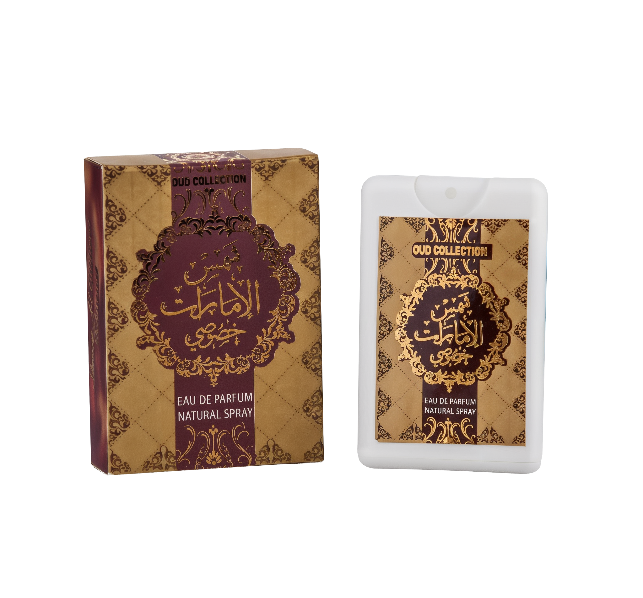 The image shows a product from the "OUD COLLECTION" which includes a perfume box and a bottle. The box is maroon with intricate golden patterns and an elaborate central medallion featuring Arabic calligraphy in gold. The English text "EAU DE PARFUM NATURAL SPRAY" is written below the medallion. To the right is a white, rectangular perfume bottle with a label that mirrors the design of the box, including the Arabic calligraphy and the same text in English at the bottom.